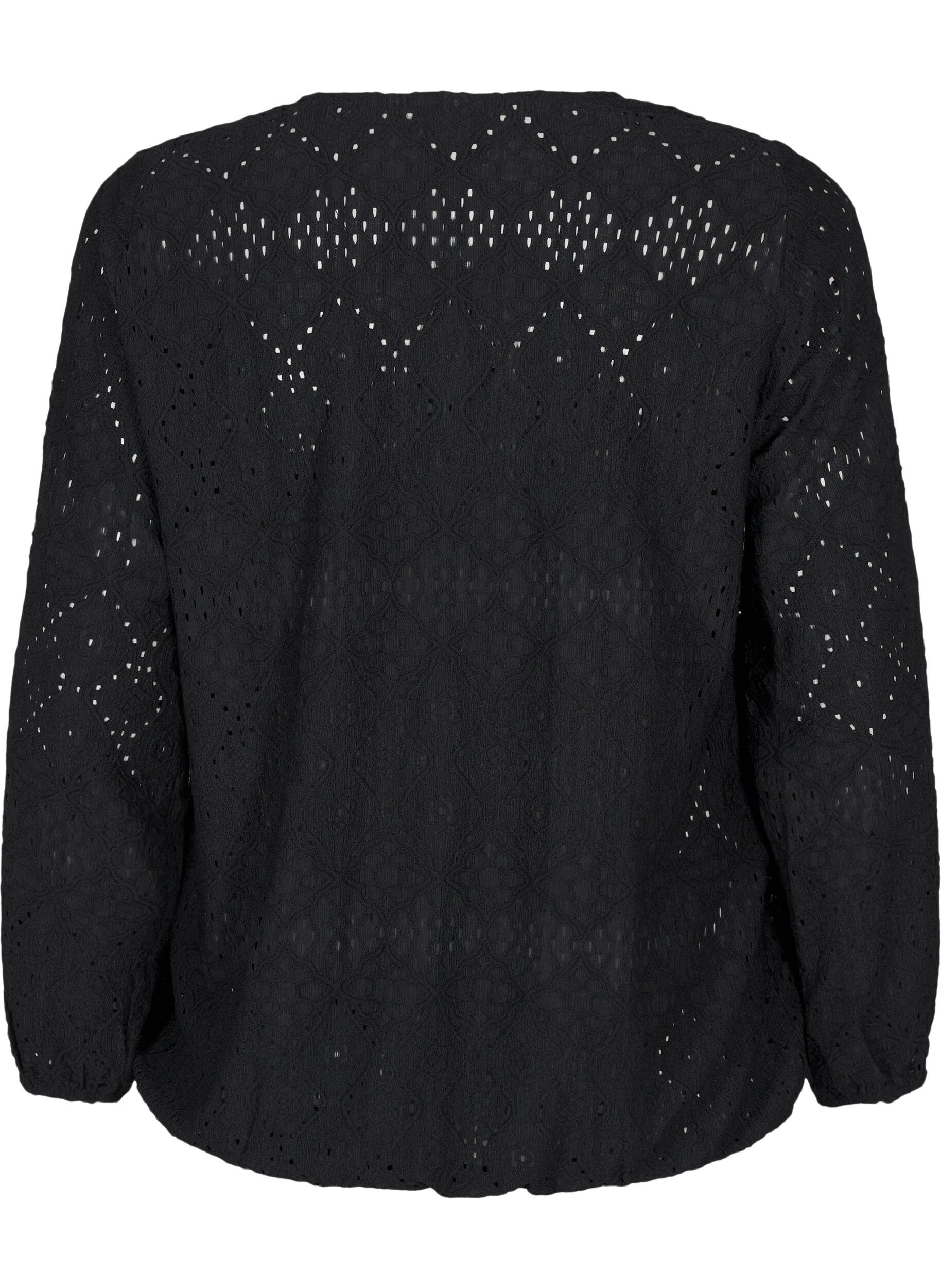 Zizzi Lang&auml;rmelige Bluse mit V-Ausschnitt und Lochmuster, Black, Packshot image number 1