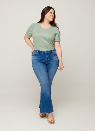 Kurzarm Ripp T-Shirt aus Viskosemischung, Lily Pad, Model image number 2
