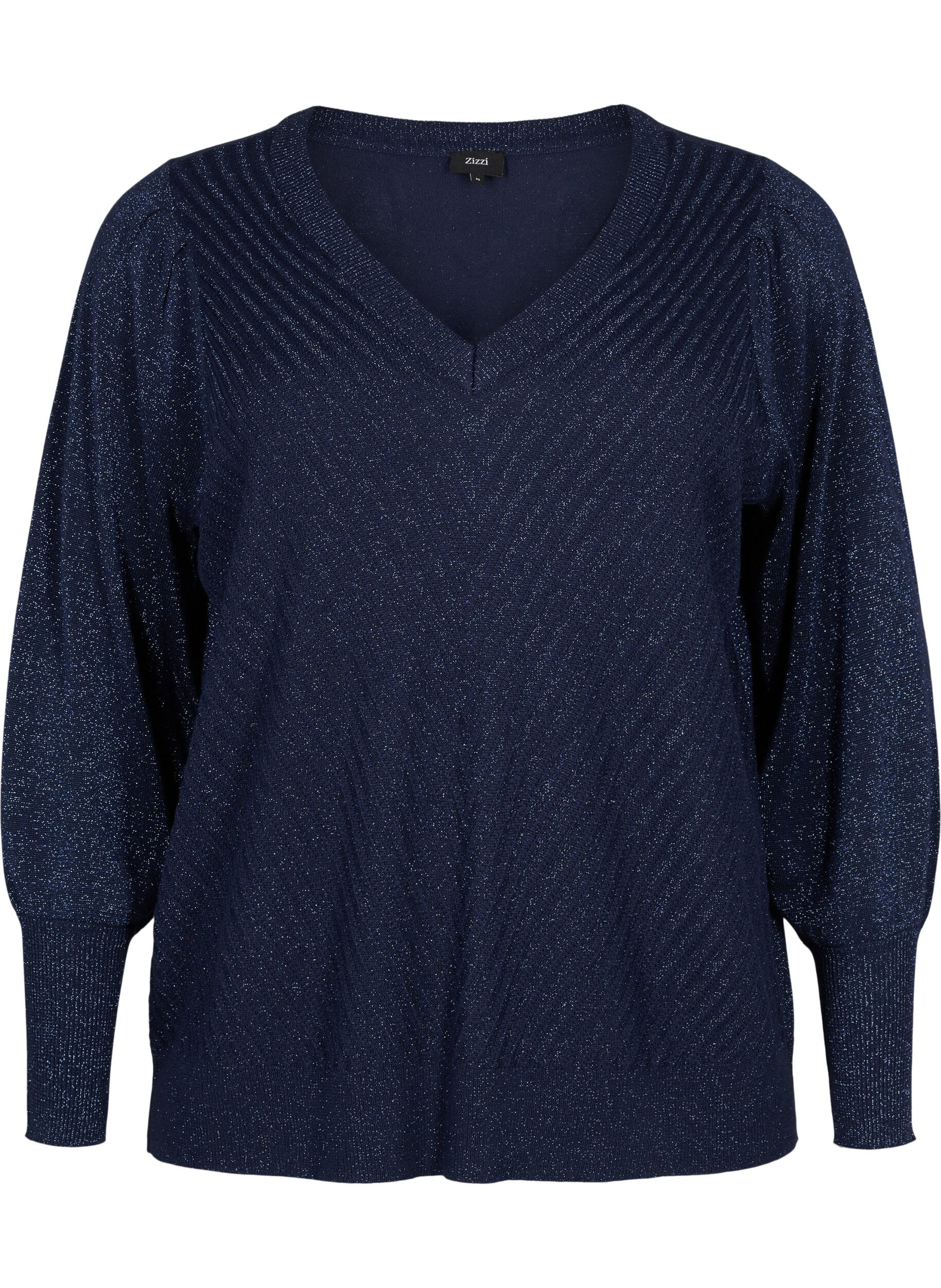 ZizziStrickbluse mit Schimmer-Effekt und V-Ausschnitt, Naval A.w.Blue Lurex, Packshot image number 0