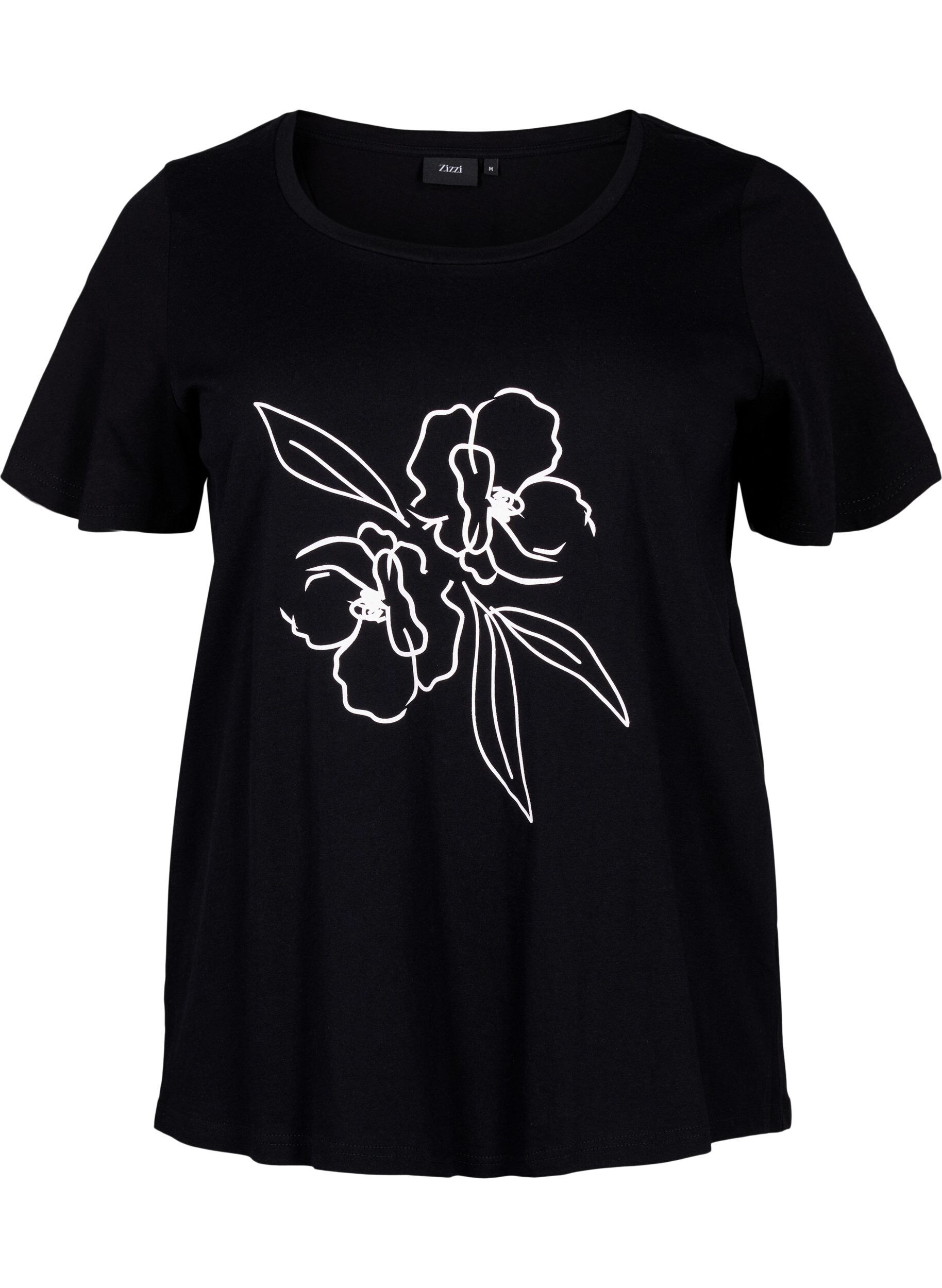 ZizziBaumwoll-T-Shirt mit Motiv, Black w. Flower, Packshot image number 0