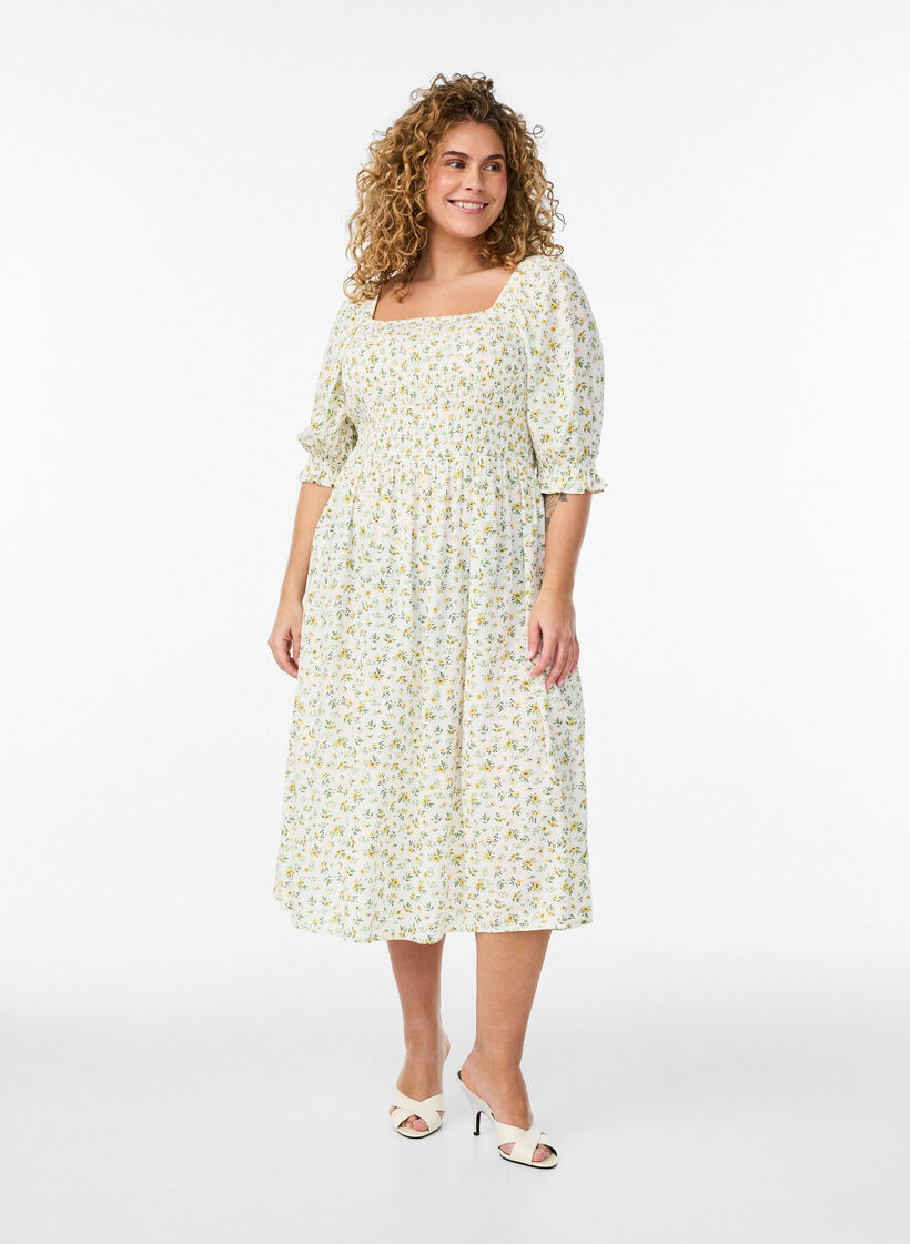 Gebl&uuml;mtes Sommerkleid aus Viskose, Wei&szlig;, Model image number 0