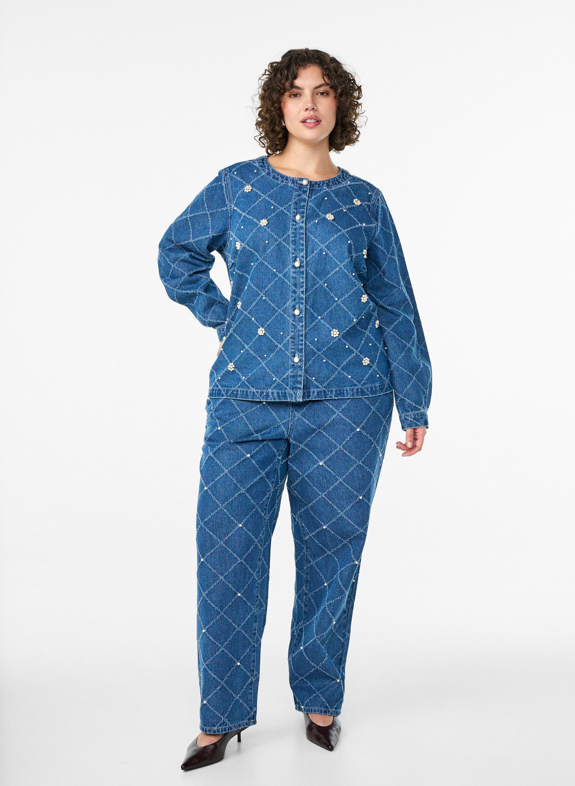 ZizziJeanshemd mit Destroyed-Muster und Perlendetails, Blau, Model image number 1