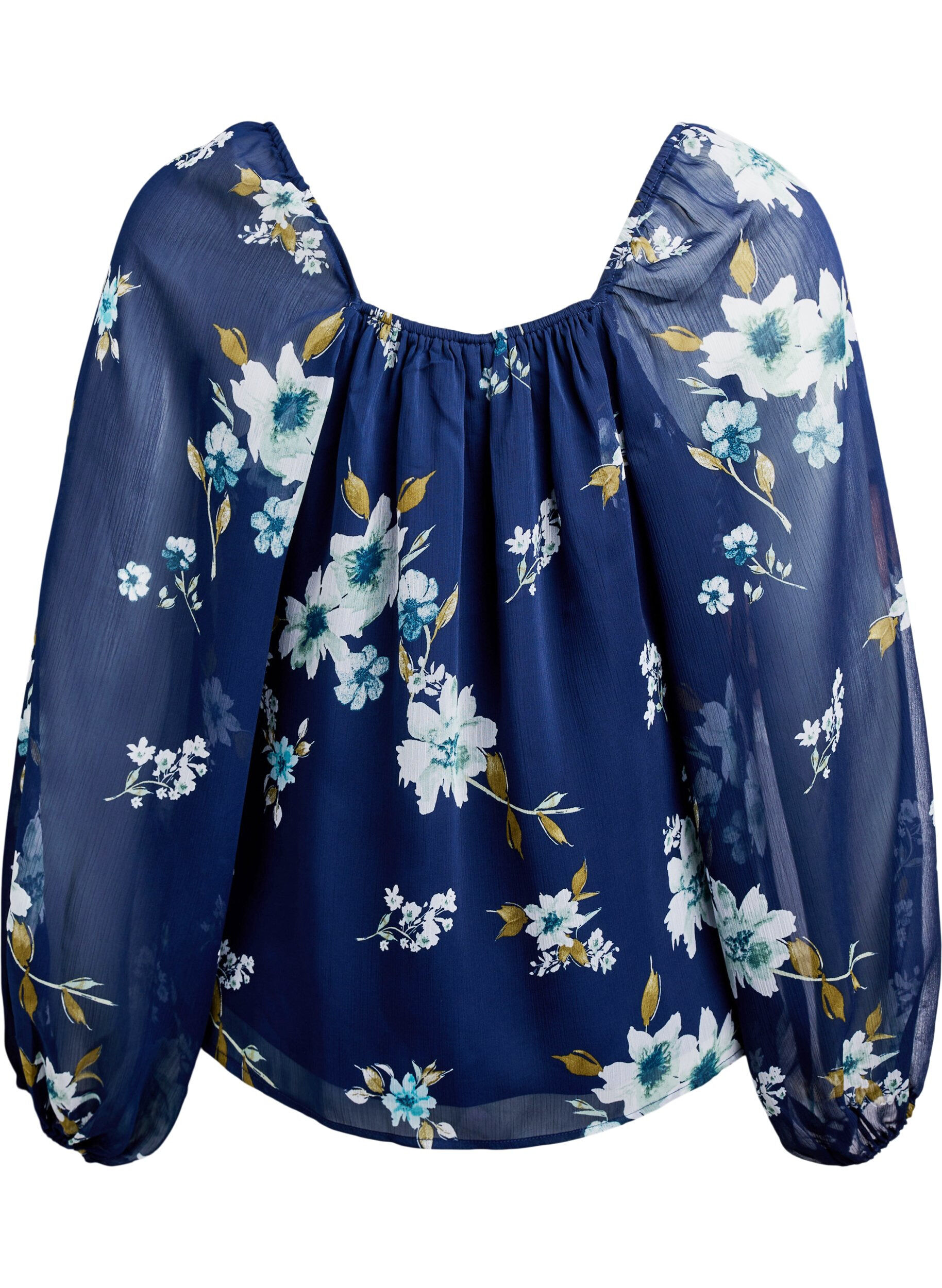 ZizziBluse aus Chiffon mit gebl&uuml;mtem Print und langen &Auml;rmeln, Blau, Packshot image number 1