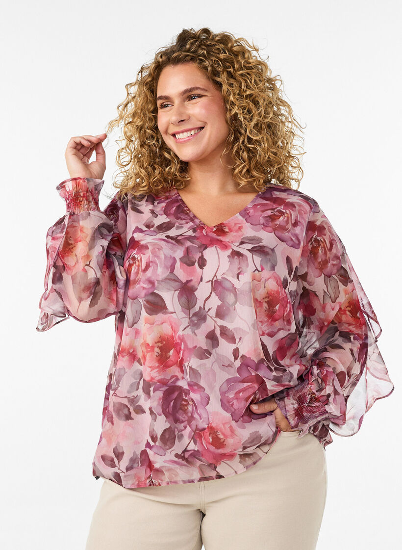 Gebl&uuml;mte Bluse mit V-Ausschnitt und R&uuml;schen&auml;rmeln, Rot, Model image number 0