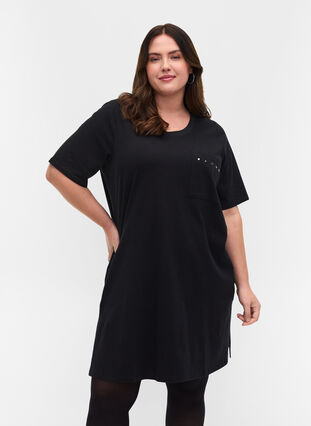 Langes T-Shirt aus Baumwolle mit Nieten, Black, Model image number 0