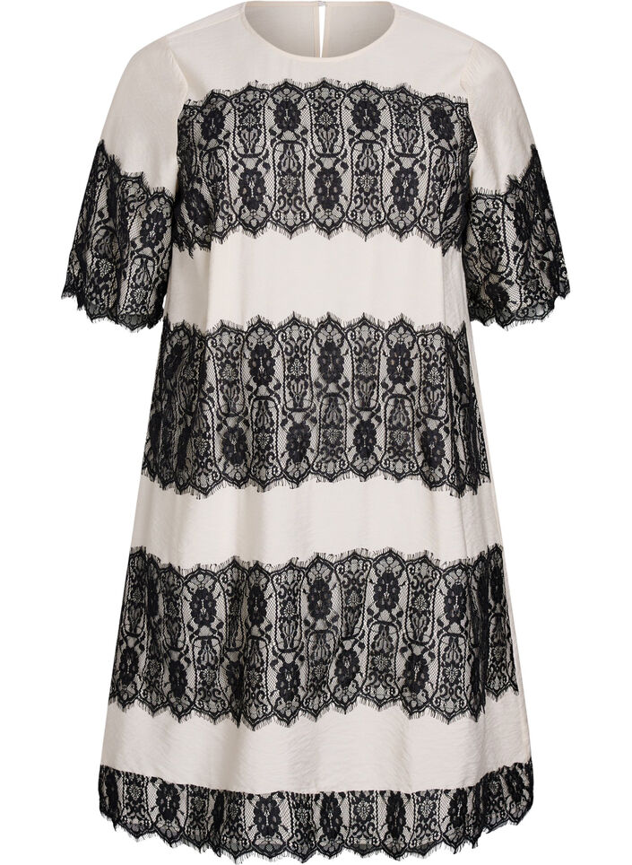 Kurzes Kleid mit kontrastfarbenen Spitzeneinsätzen, Beige, Packshot image number 0