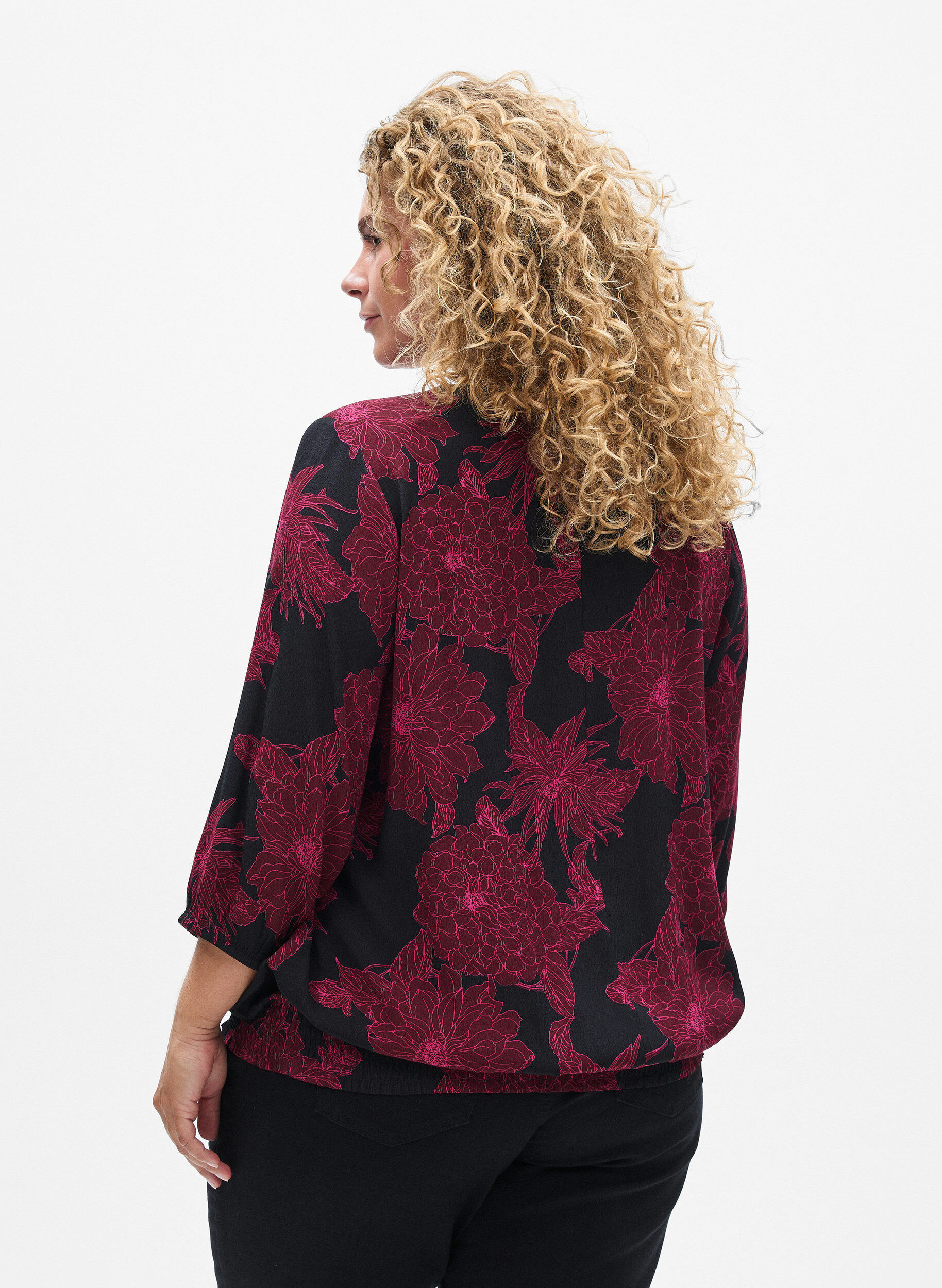 ZizziBluse aus Viskose mit Blumenmuster und Smok, Dunkles Bordeaux, Model image number 2