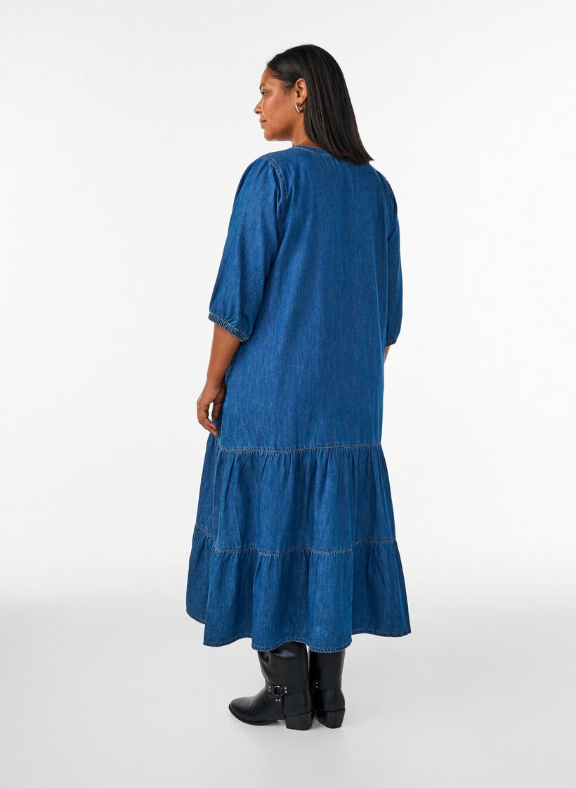 Maxikleid aus Denim mit ger&uuml;schten Stufen, Blau, Model image number 1