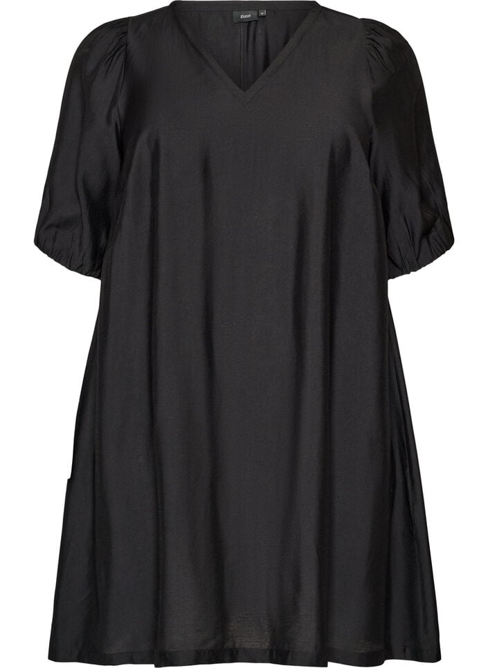 Kurzes A-Linien-Kleid mit V-Ausschnitt, Schwarz, Packshot image number 0