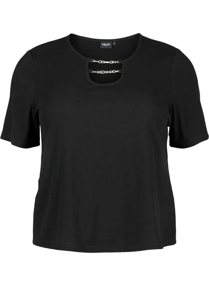 Gerippte Bluse mit Kettendetail, Black, Packshot image number 0