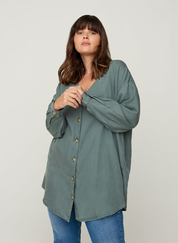 Bluse aus Lyocell mit V-Ausschnitt, Balsam Green, Model image number 0