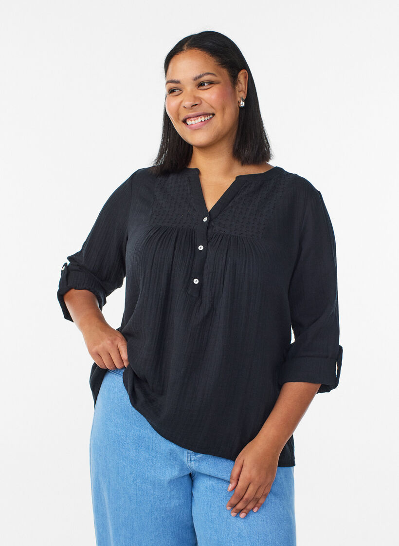 Bluse aus Baumwollmusselin mit Lochstickerei, Schwarz, Model image number 0