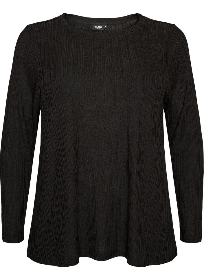 Bluse aus Jersey mit Rippstruktur und langen &Auml;rmeln, Schwarz, Packshot image number 0