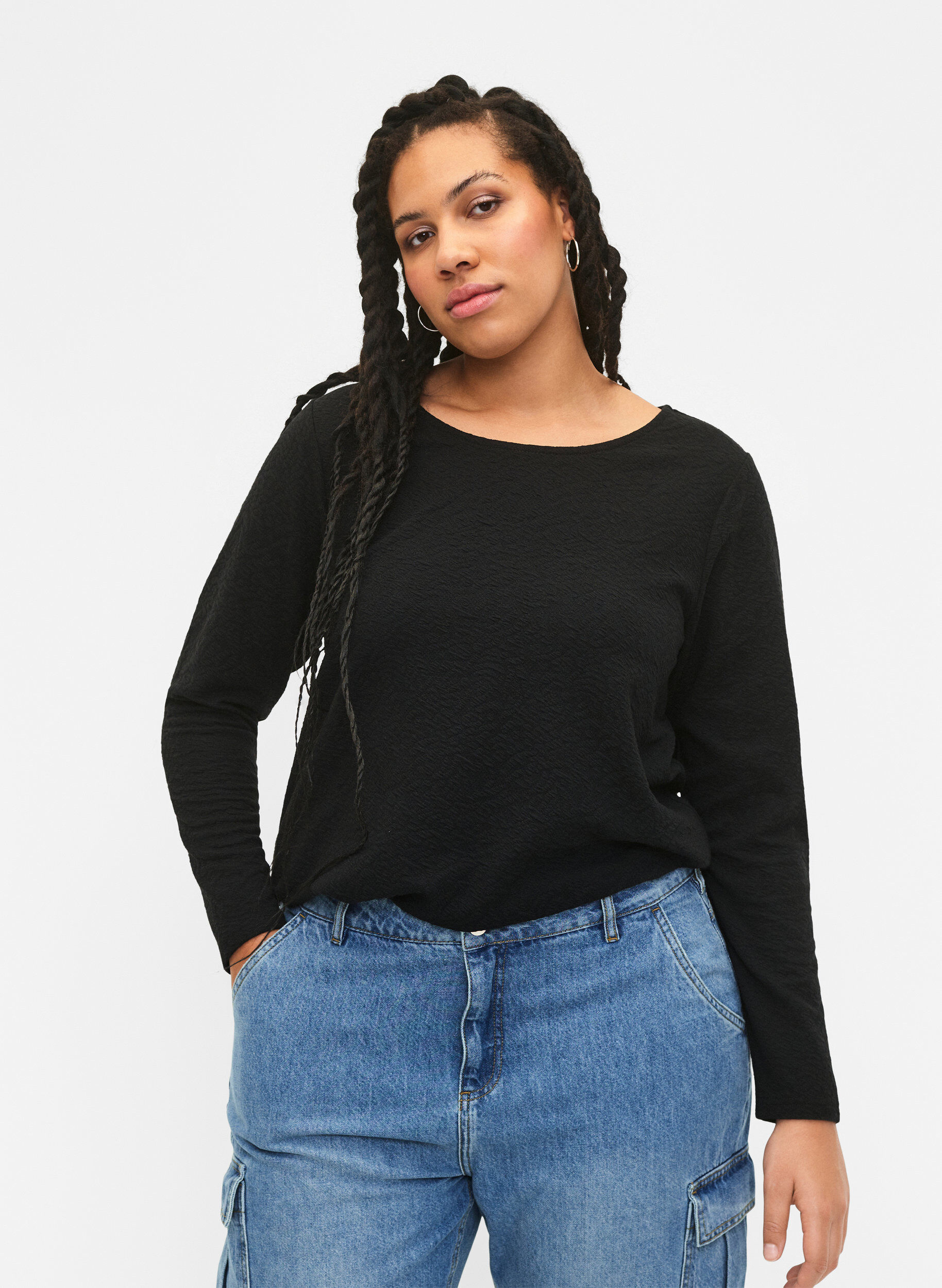 ZizziLang&auml;rmelige Bluse mit Textur, Schwarz, Model image number 3