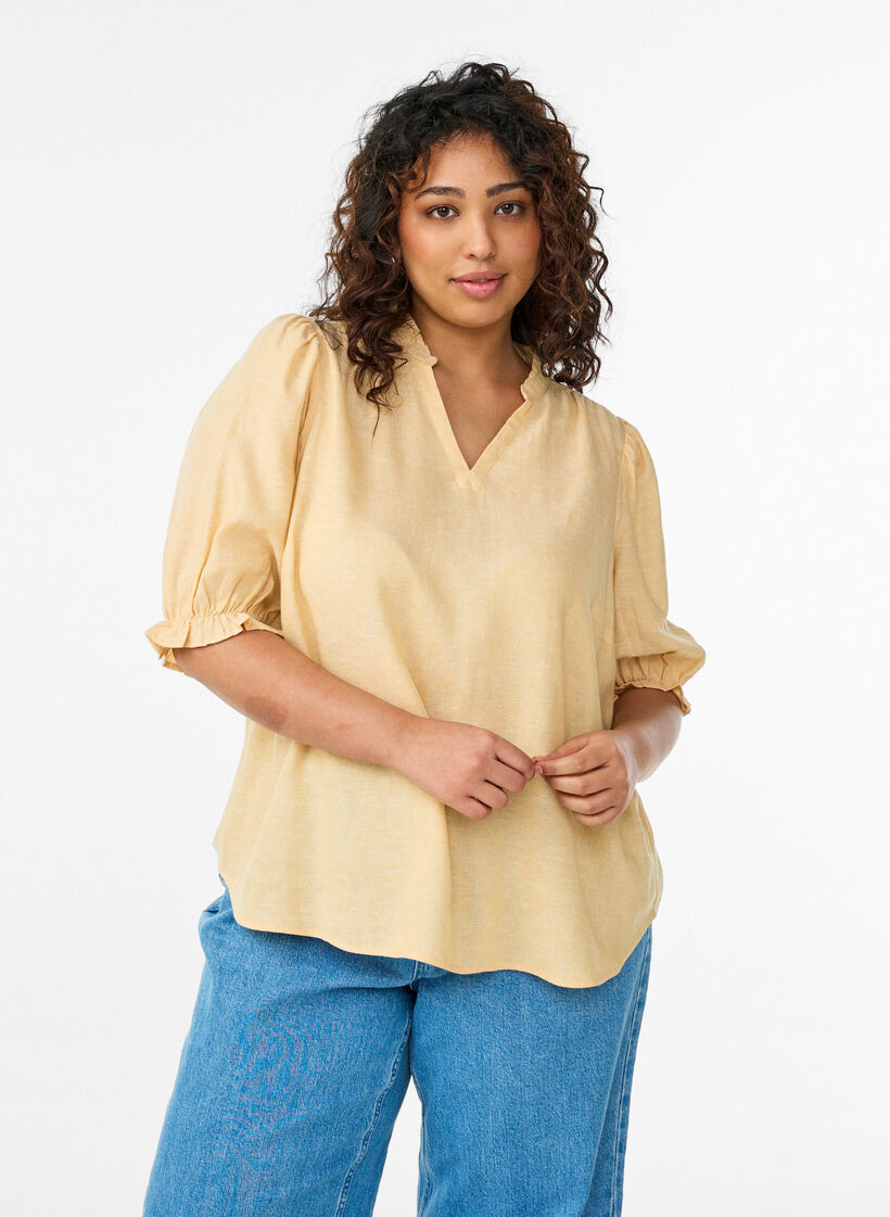 Bluse aus Leinen und Viskose mit 1/2-&Auml;rmeln, Gelb, Model image number 0