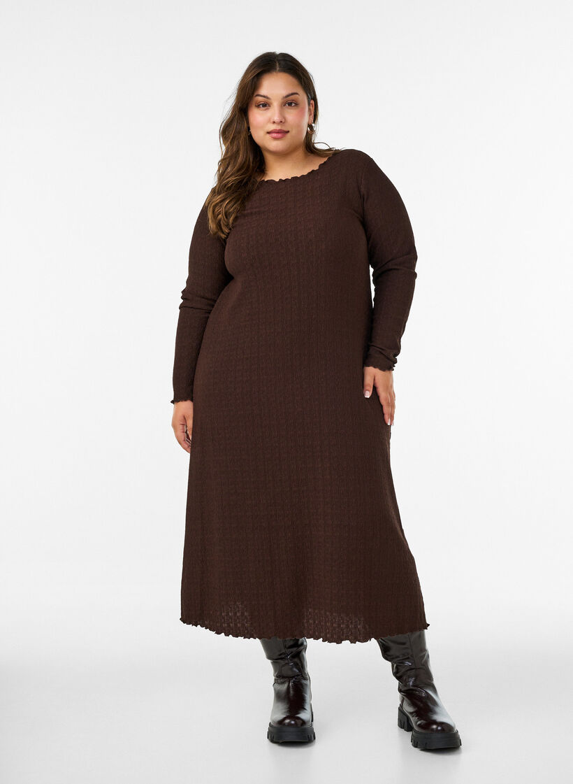 Midi-Kleid mit welliger Struktur und langen &Auml;rmeln, Braun, Model image number 1