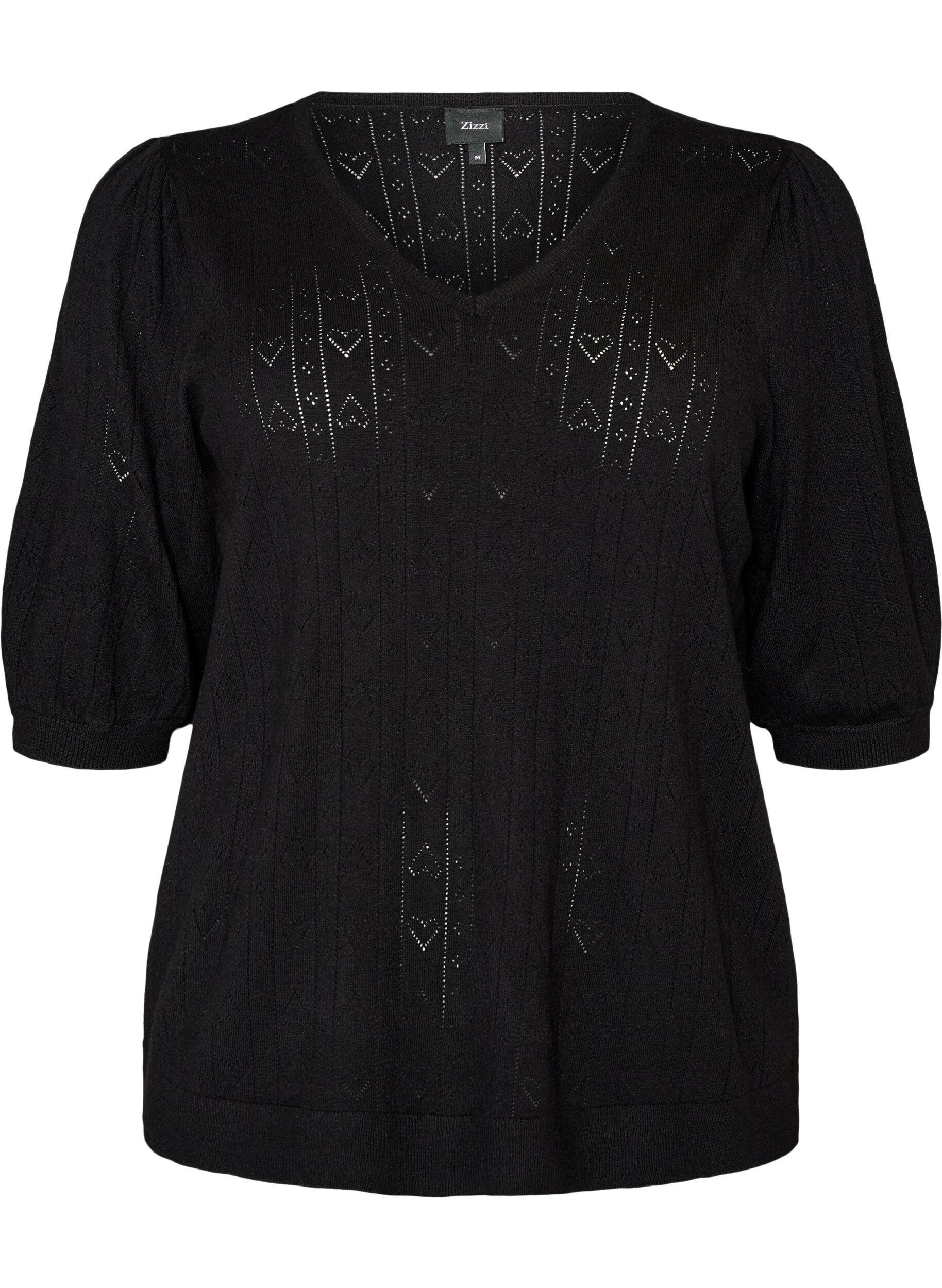ZizziKurz&auml;rmelige Bluse aus Strick mit Pointelle-Muster, Schwarz, Packshot image number 0