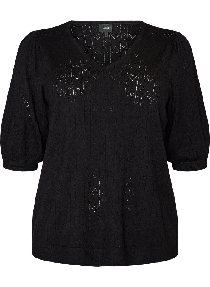 Kurz&auml;rmelige Bluse aus Strick mit Pointelle-Muster, Schwarz, Packshot image number 0