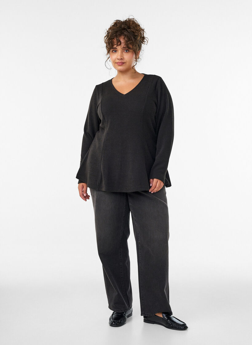 Bluse aus Jersey mit gerippter Struktur und A-Linien-Passform, Schwarz, Model image number 1