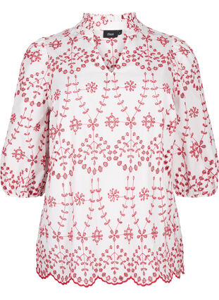 Bluse mit 3/4-Ärmeln und kontrastierender Anglais-Stickerei, White w. Red, Packshot image number 0