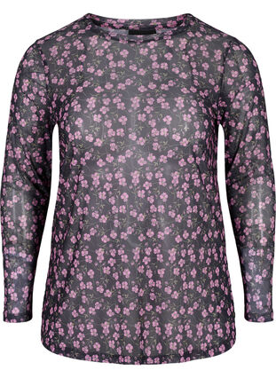Langarm Bluse mit Mesh und Print, Flower AOP, Packshot image number 0