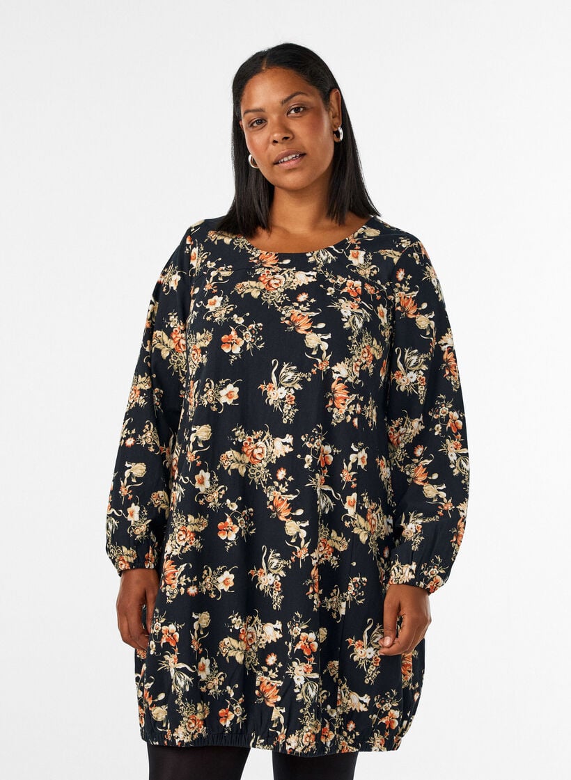 Kurzes Baumwollkleid mit Gummisaum und langen &Auml;rmeln, Schwarz, Model image number 0