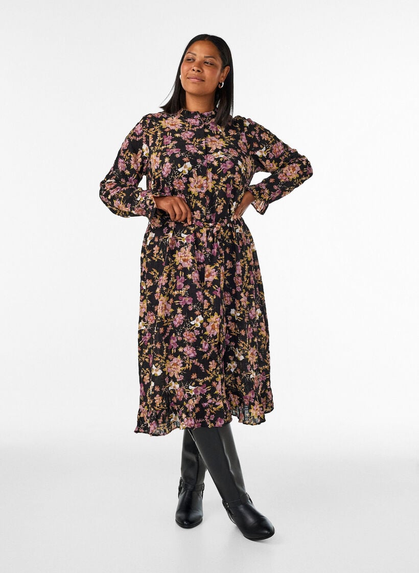 Midikleid mit gebl&uuml;mtem Print und abnehmbarem Bindeg&uuml;rtel, Schwarz, Model image number 1