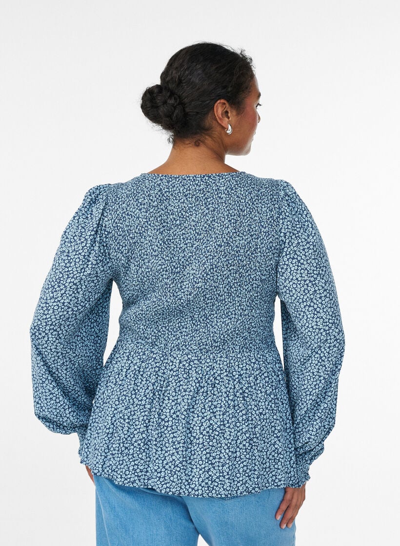 Bluse mit gesmoktem Oberteil und gebl&uuml;mtem Print, Blau, Model image number 2
