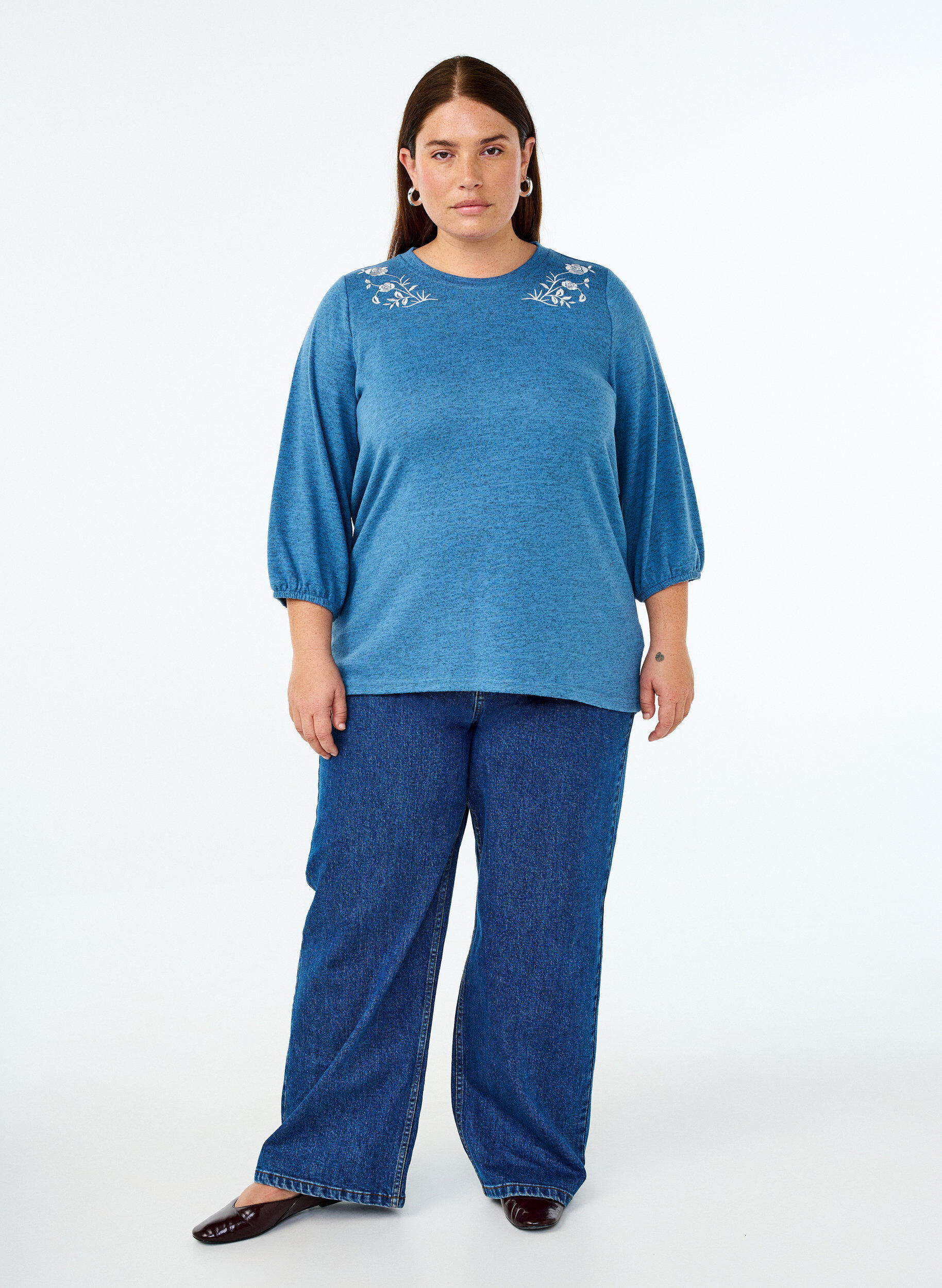 ZizziBluse mit floralen Stickereien und 3/4-&Auml;rmeln, Copen Blue Melange, Model image number 2