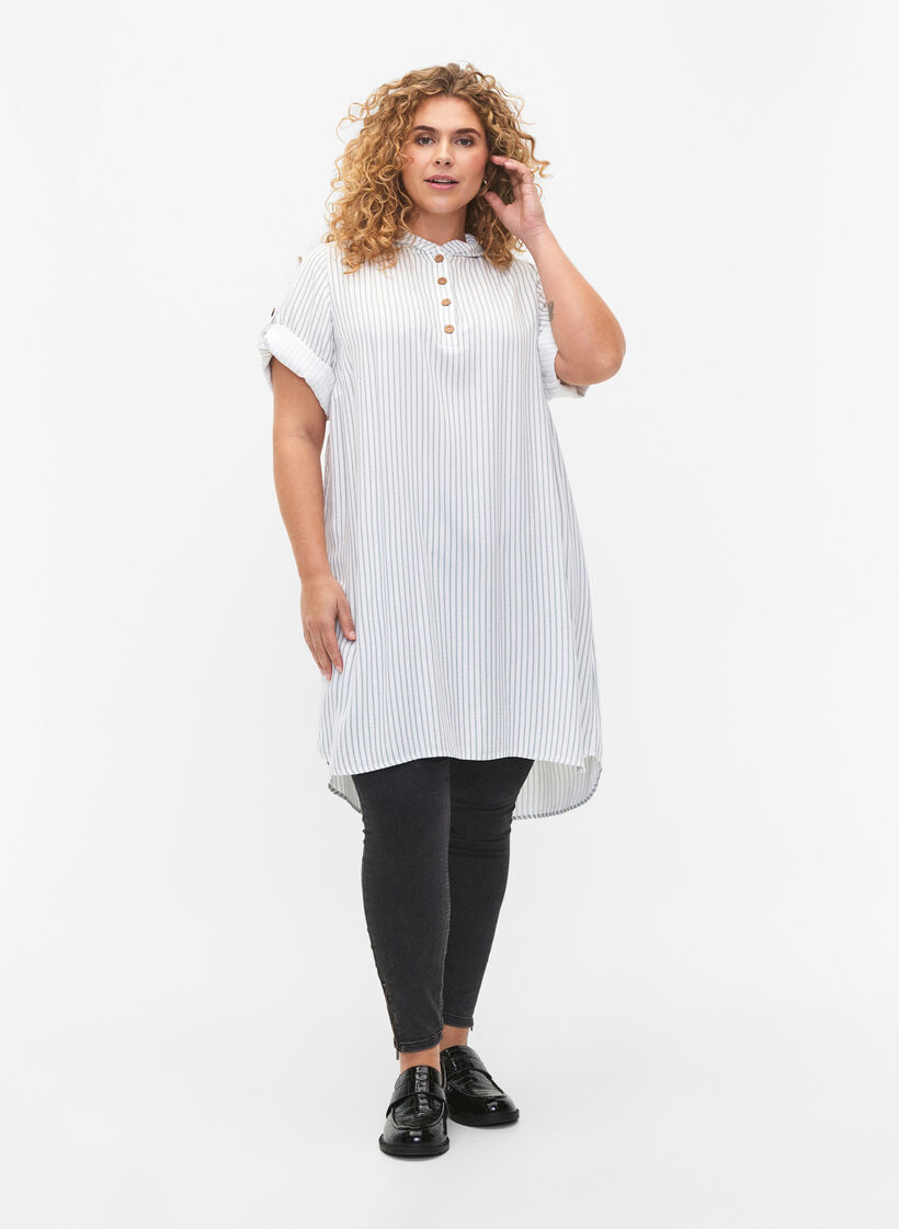 Kurzärmelige Viskose-Tunika mit Kapuze, Chinois Green Stripe, Model image number 2