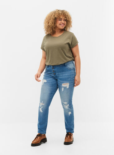 Ripped Emily-Jeans mit normaler Taille, Blue denim, Model image number 0