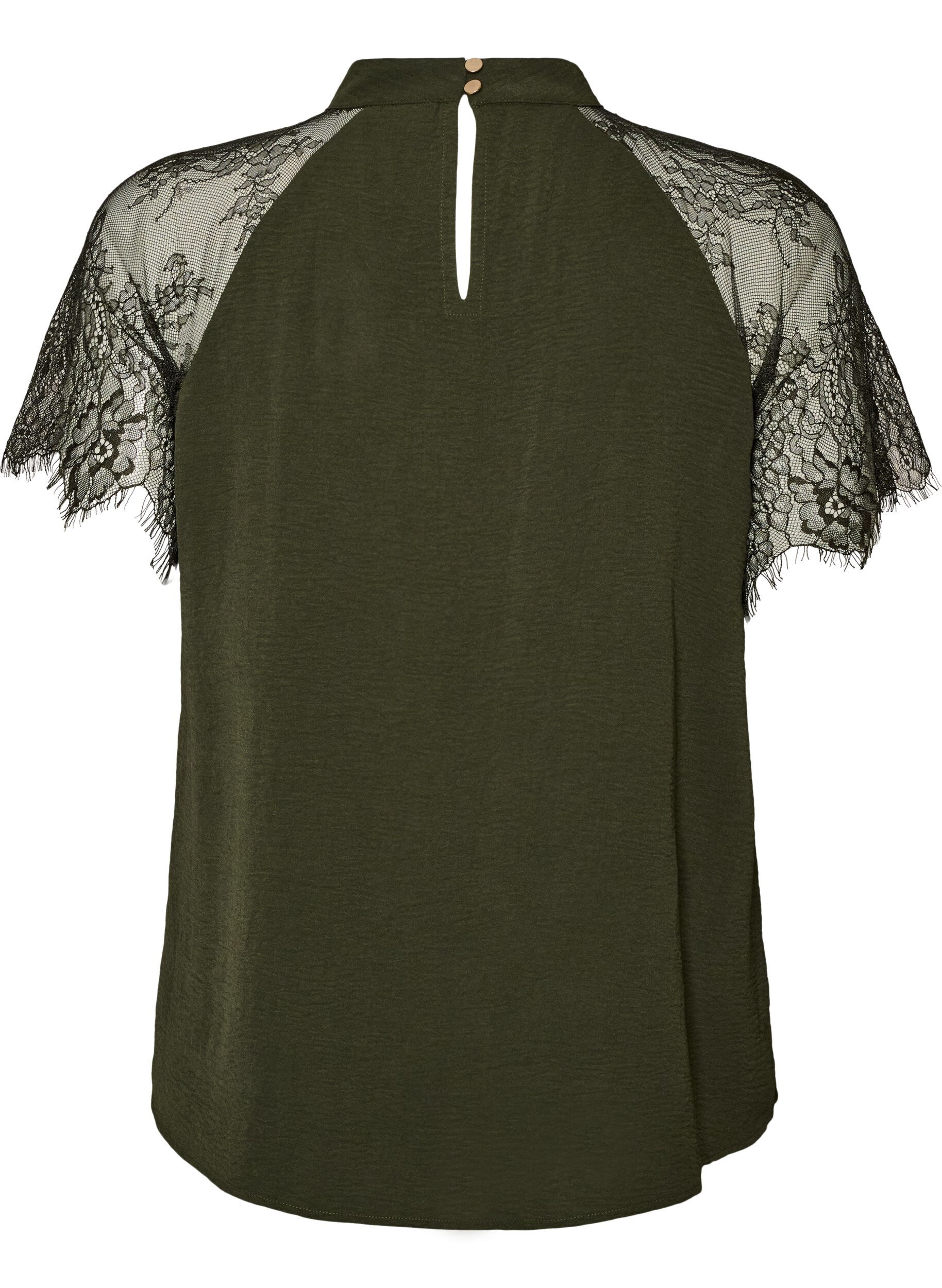 ZizziBluse mit kurzen &Auml;rmeln aus Spitze und hohem Kragen, Gr&uuml;n, Packshot image number 1