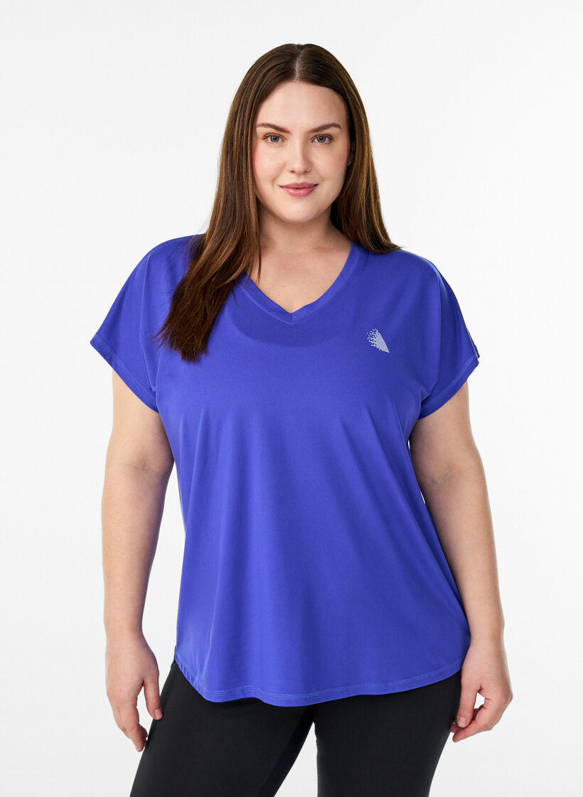Kurzarm Trainingsshirt mit V-Ausschnitt, Lila, Model image number 0