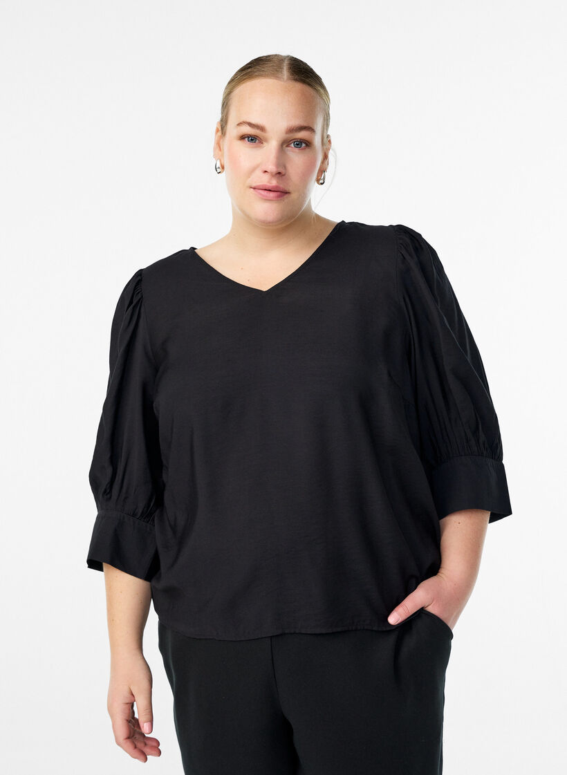 Bluse mit V-Ausschnitt und 3/4-Ärmeln, Schwarz, Model image number 0