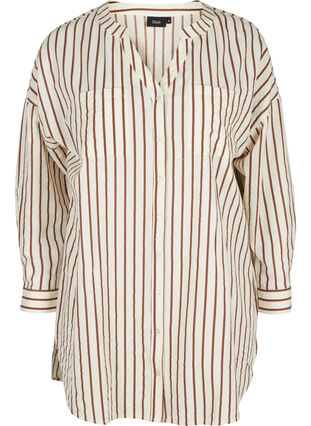 Lange Hemdbluse aus Baumwolle mit Streifen und V-Ausschnitt, Stripe, Packshot image number 0