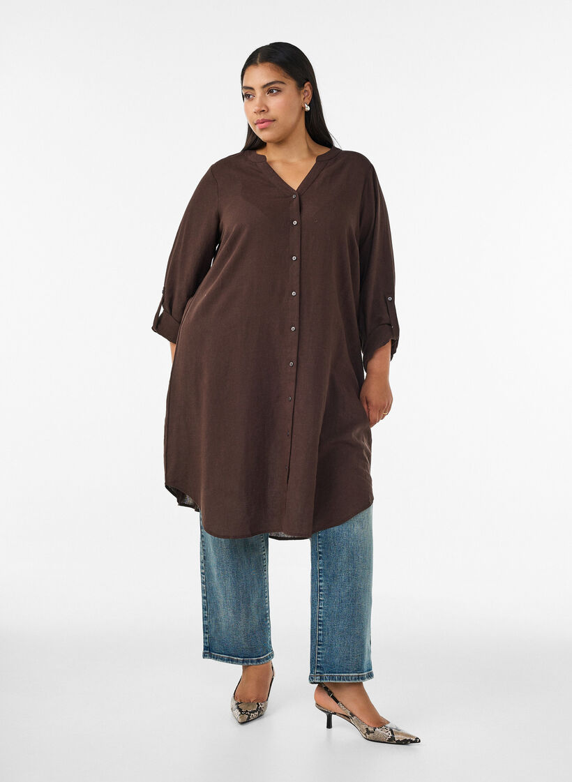 Lange Bluse aus Leinen und Viskose, Braun, Model image number 0