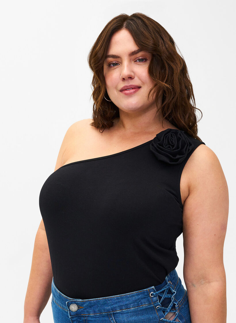 One-Shoulder-Top mit Rose, Black, Model image number 0