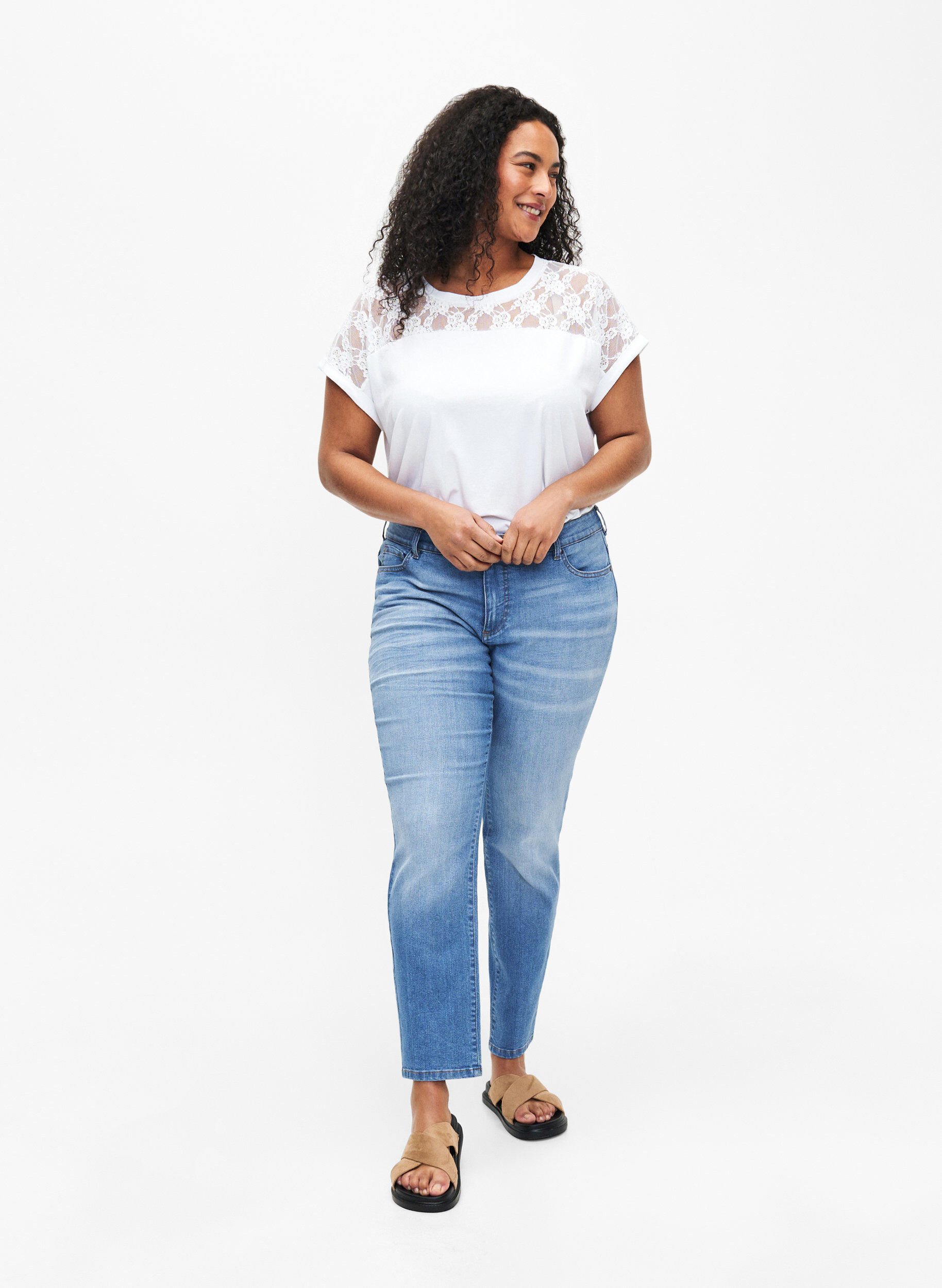 ZizziKurz&auml;rmliges Baumwoll-T-Shirt mit Spitze, Bright White, Model image number 1