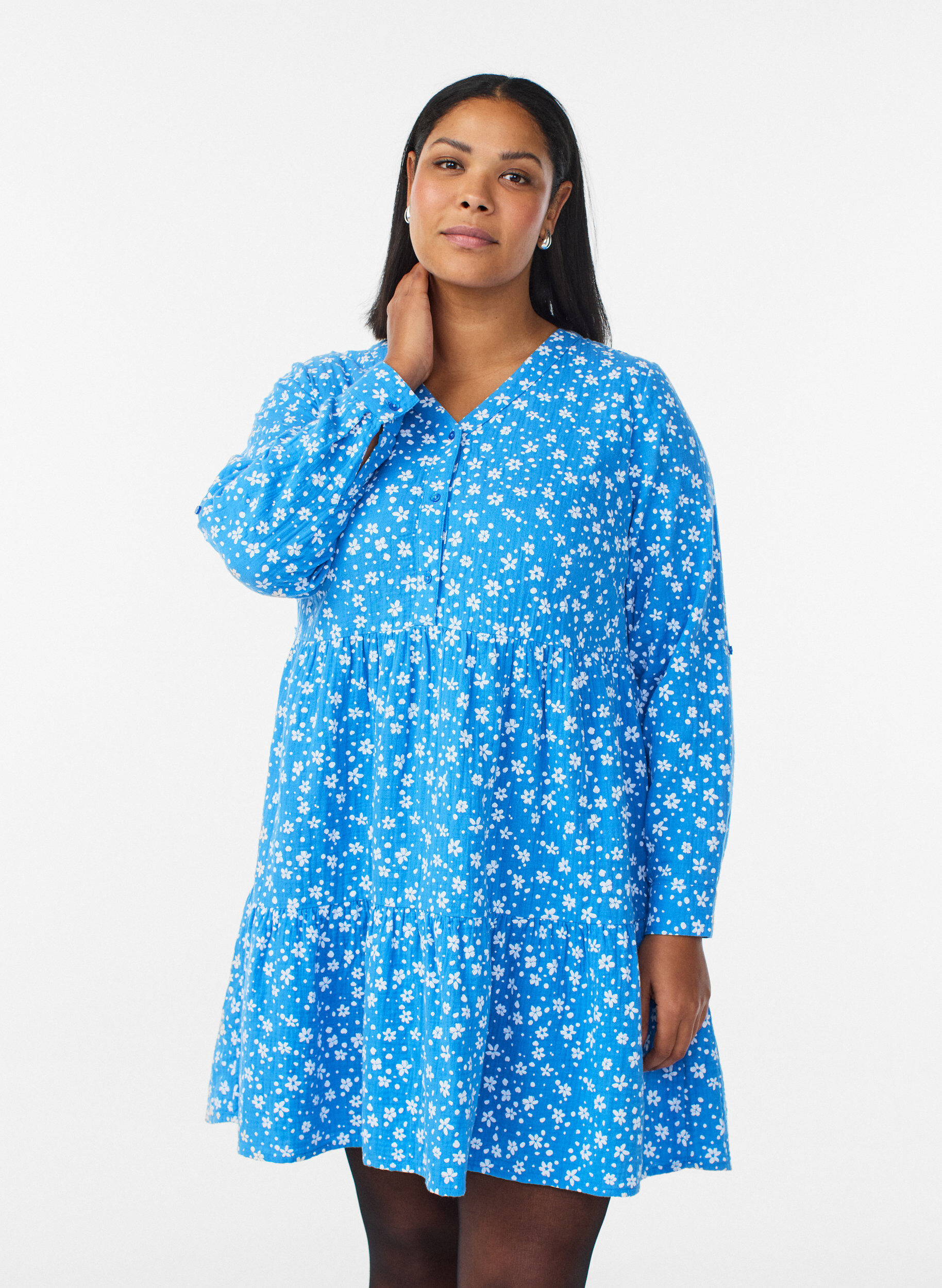 ZizziKurzes Kleid aus gemustertem Baumwoll-Musselin, Blau, Model image number 0