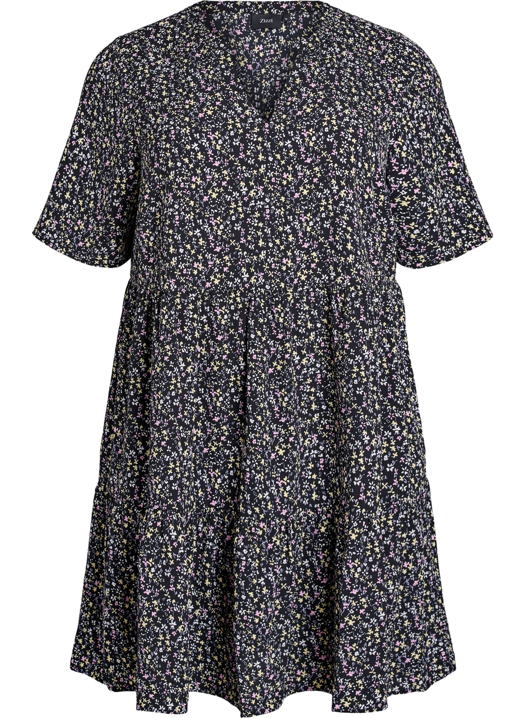 ZizziKurzarmkleid in A-Linienform mit Schnittlinien, Schwarz, Packshot image number 0