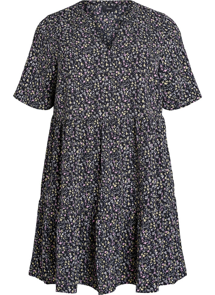 Kurzarmkleid in A-Linienform mit Schnittlinien, Schwarz, Packshot image number 0