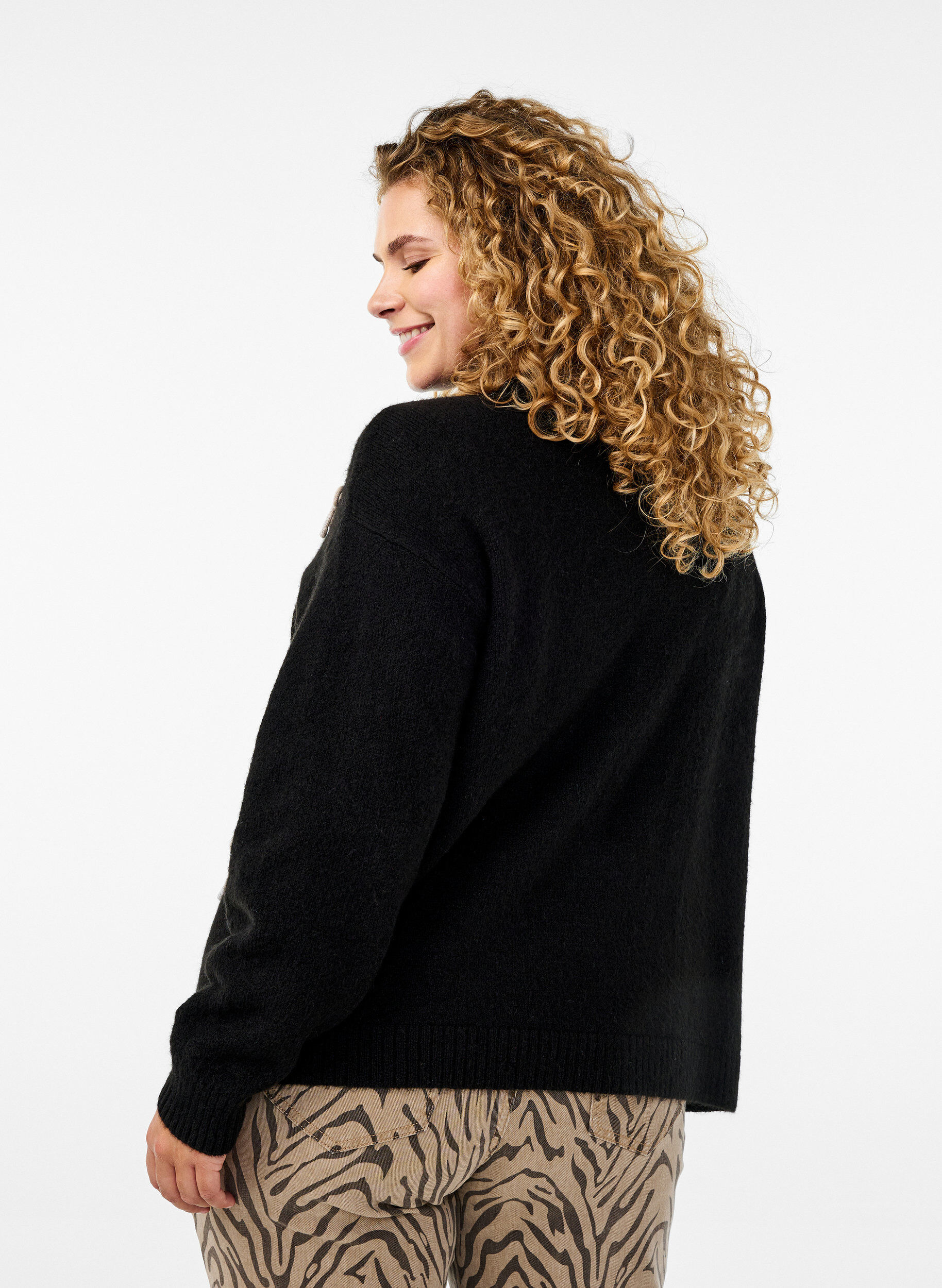 ZizziStrickjacke aus Grobstrick mit Schleifenb&auml;ndern, Black Comb, Model image number 1