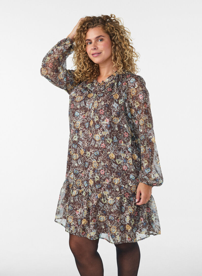 Kleid aus Chiffon mit gebl&uuml;mtem Print und R&uuml;schenlagen, Braun, Model image number 0