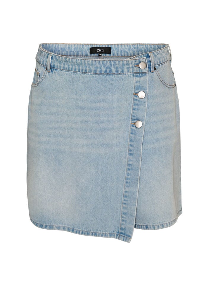 Denimskort mit Wickeloptik und hoher Taille, Blau, Packshot image number 0