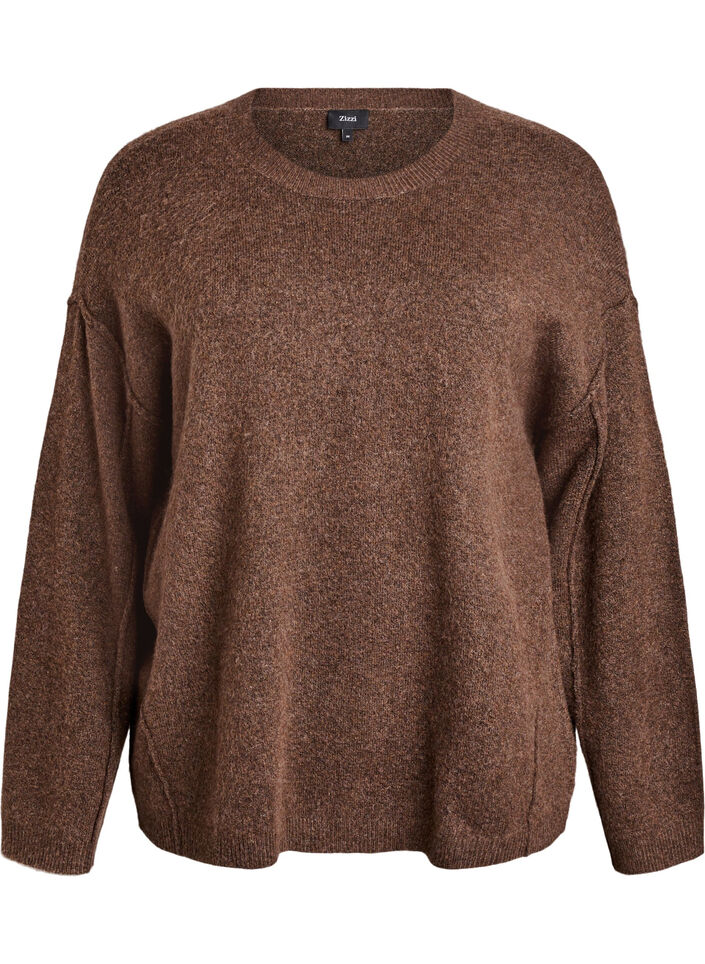 Lockerer Strickpullover mit Kontrastn&auml;hten, Braun, Packshot image number 0