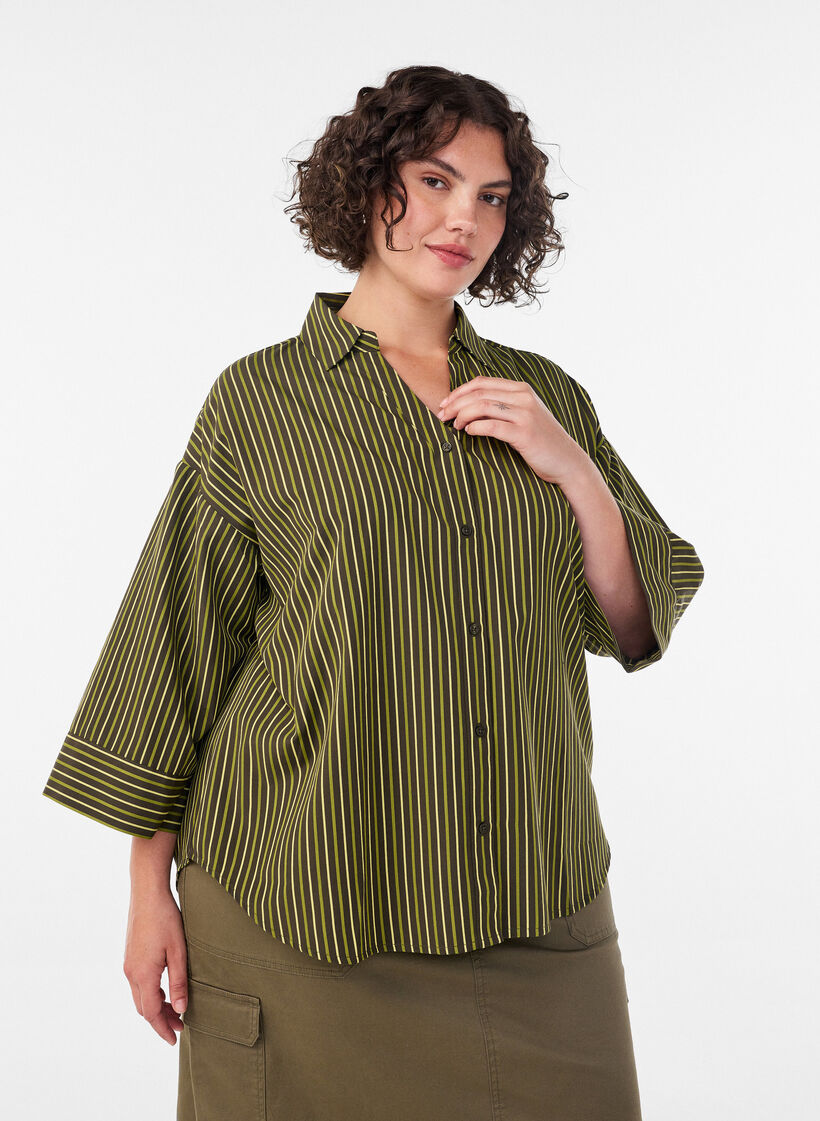 Lockere gestreifte Bluse mit 3/4-&Auml;rmeln, Gr&uuml;n, Model