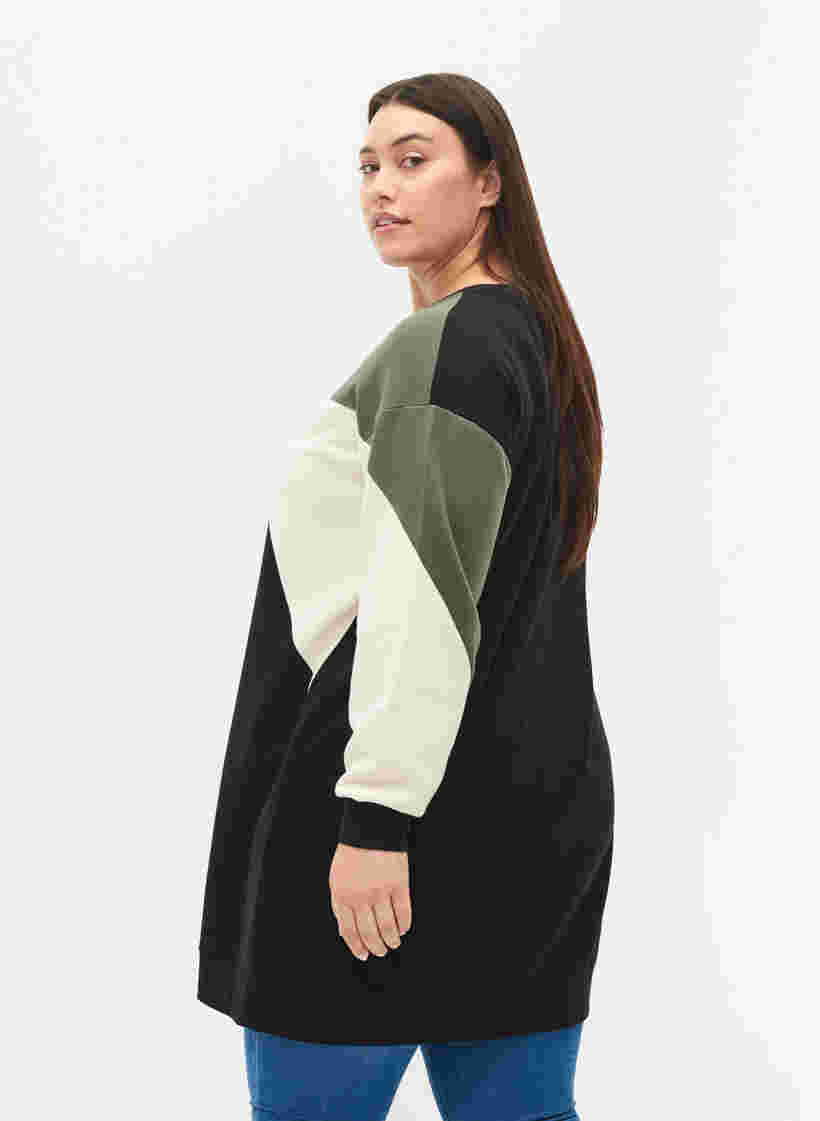 Langer Pullover mit Farbblock-Muster, Black Color Block, Model image number 1