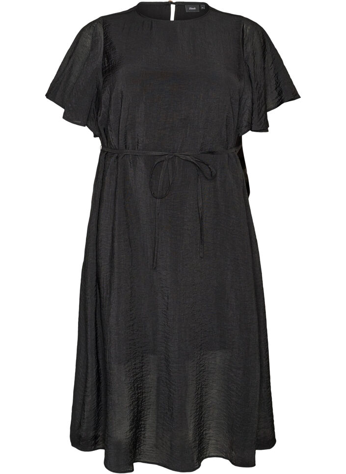 Kn&ouml;chellanges Kleid mit Fl&uuml;gel&auml;rmeln und Bindeg&uuml;rtel, Schwarz, Packshot image number 0