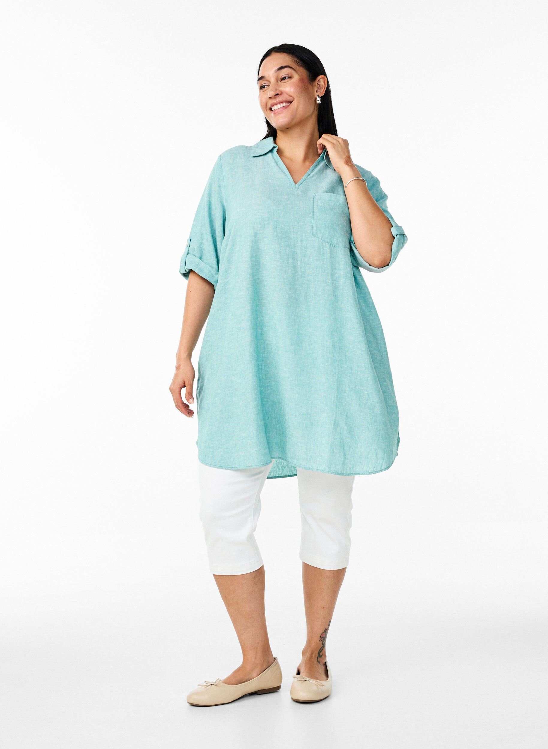 ZizziTunika aus Leinen und Viskose mit A-Linie, Blau, Model image number 1