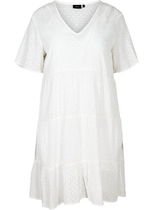 Kurzarm Kleid mit Lochstickerei, Bright White, Packshot image number 0